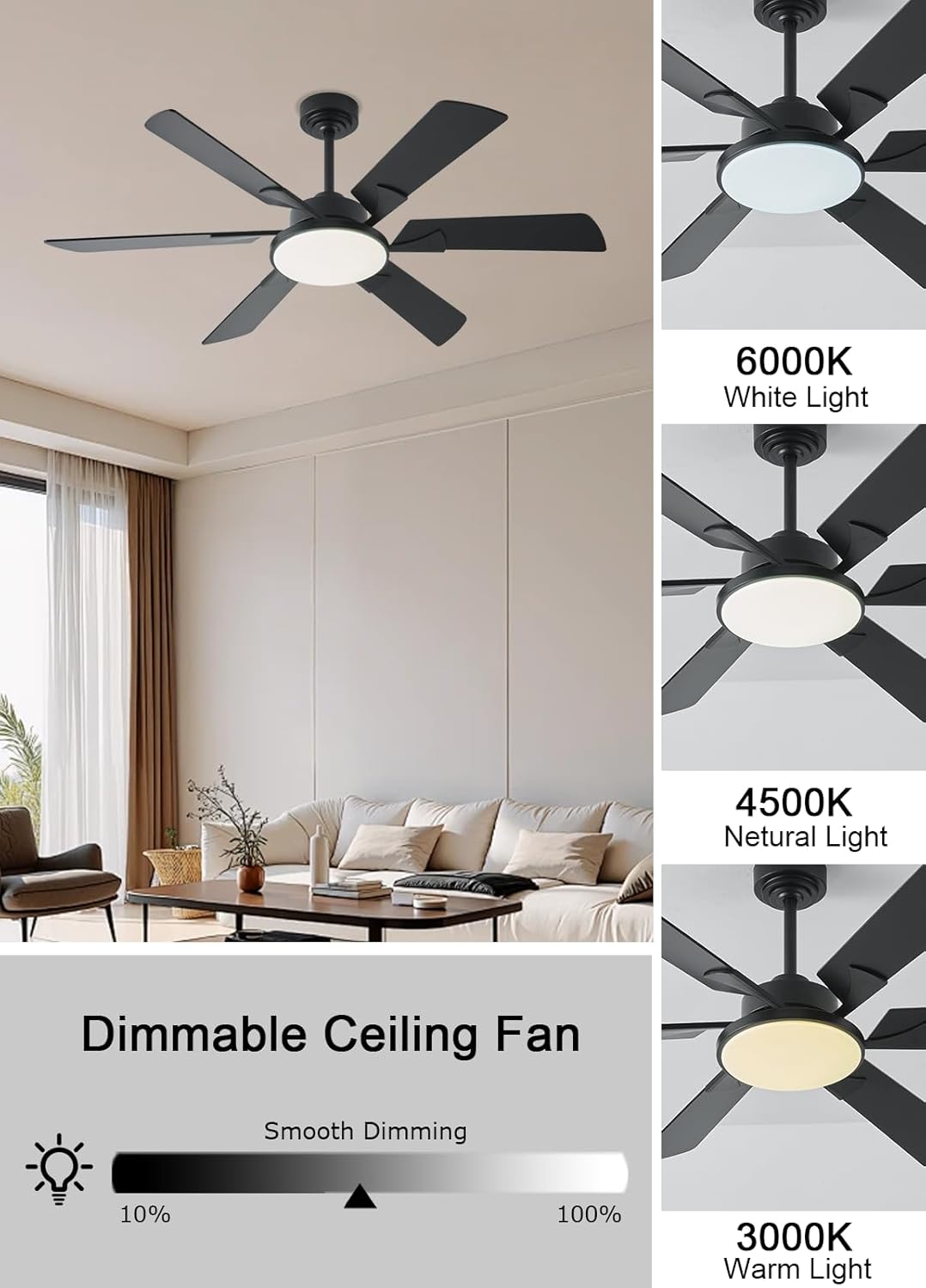 Ceiling Fans with Lights, 52Inch Low Profile Ceiling Fan with Light and Remote/App Control, Modern Black Ceiling Fan, 3CCT Dimmable, Quiet, Reversible DC Motor, for Living Room,Bedroom