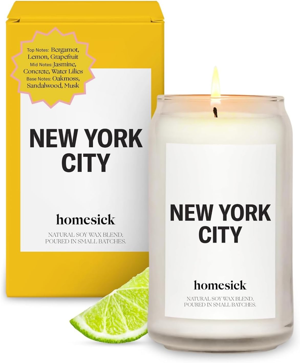 Homesick Scented Candles for Home (New York City) - 13.75 oz Long-Lasting Soy Wax Jar Candle for Women & Men for All Occasions, 60-80 Hours Burn Time - Notes of Lemon, Grapefruit & Jasmine