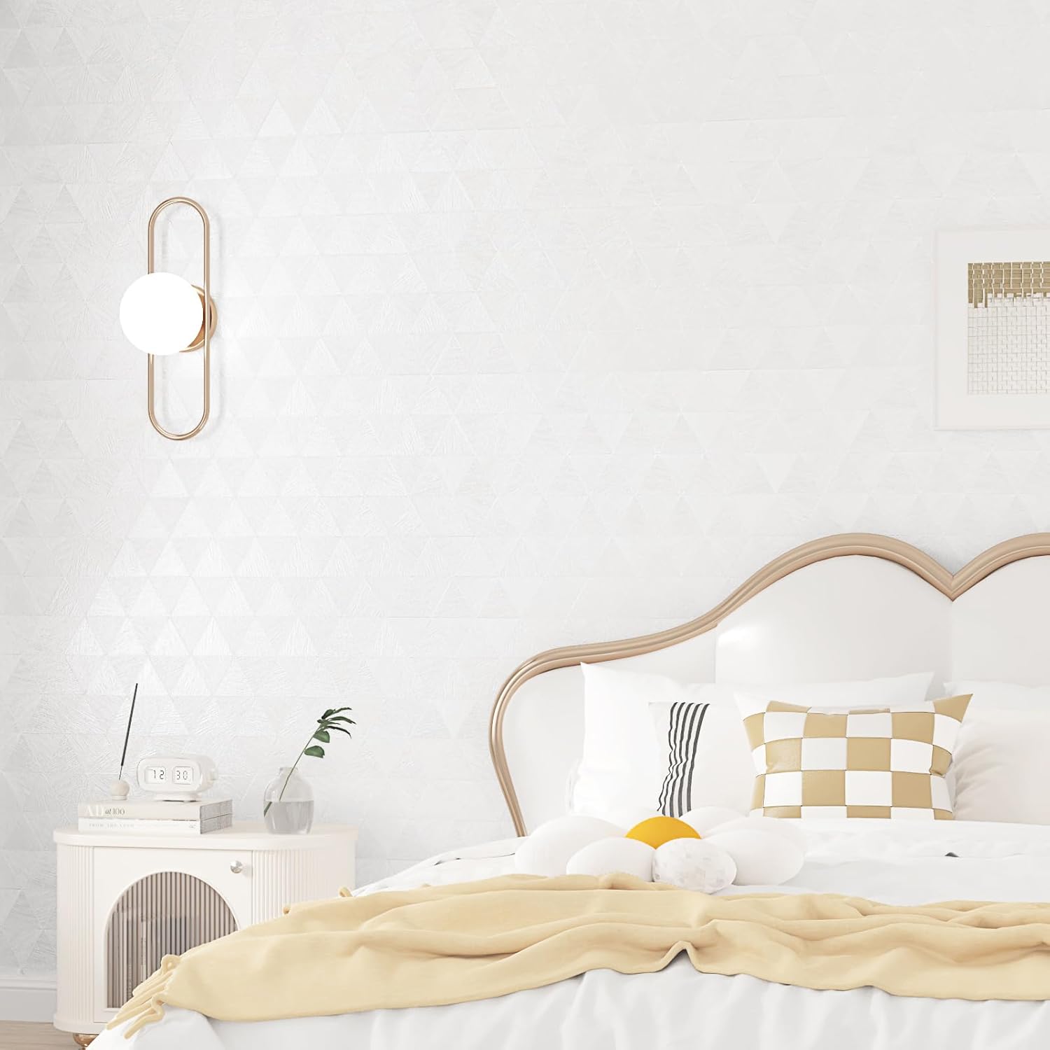 White Contact Paper White Embossed Wallpaper Peel and Stick Textured Geometric Wallpaper Damask Triangle Wall Paper for Bedroom Kitchen Backsplash Cabinet Countertops Living Room 15.75"x78"
