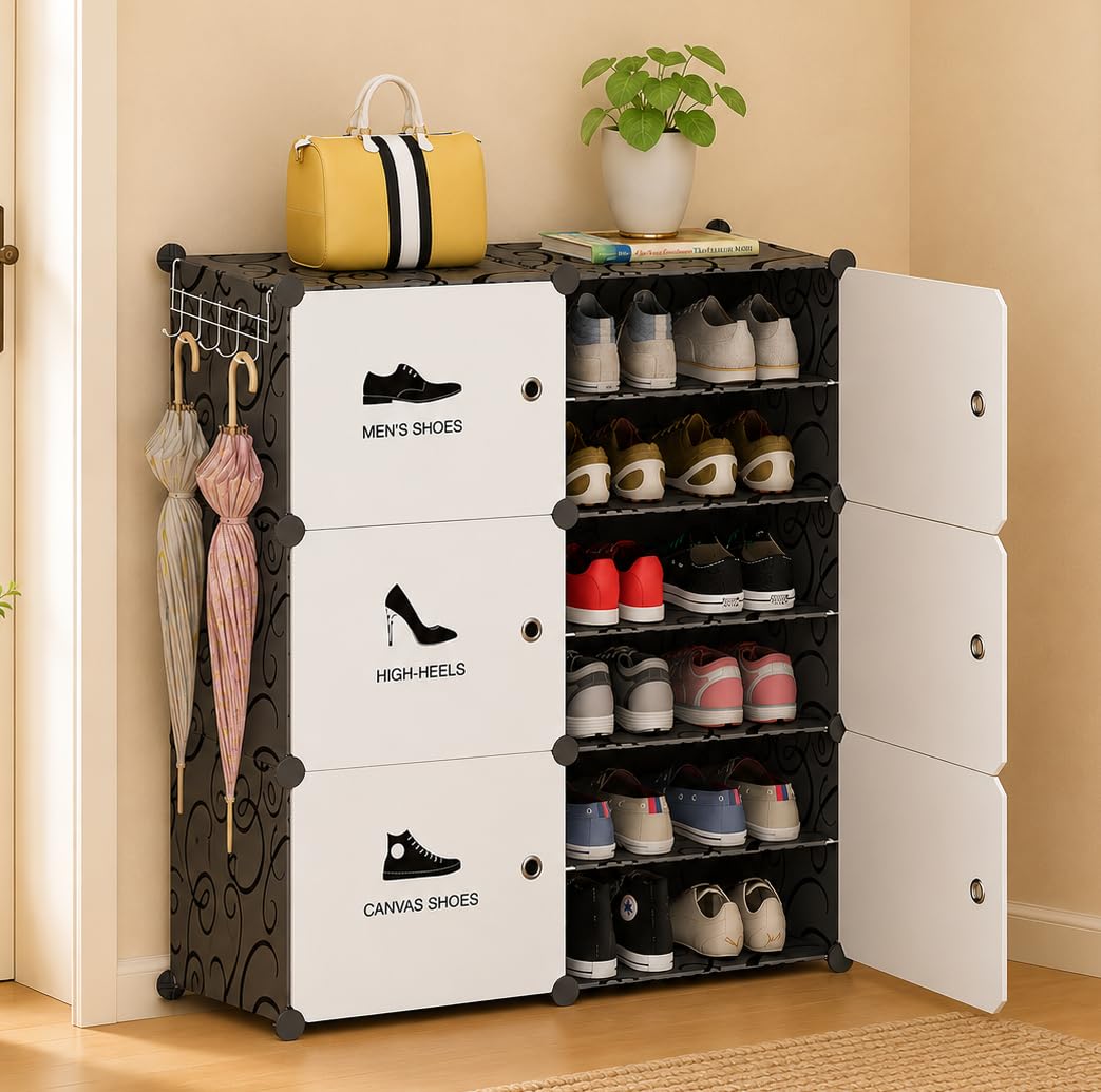 Sunderlook Shoe Rack Plastic for Home- Shoe Stand, Chappal Stand, Professional Multipurpose Foldable Standing Comfort Runner Shoe Rack with Door, Slipper Stand (Black & White, 12 Shelf 6 Door)