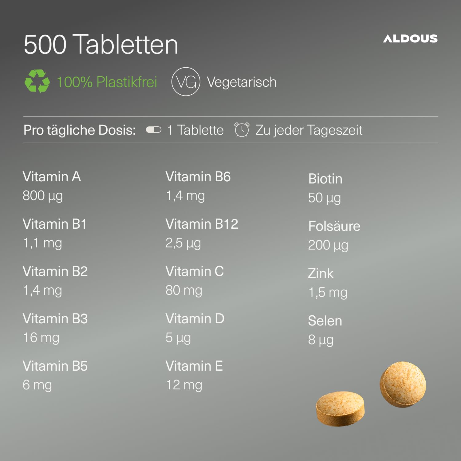 Multivitamin Tabletten Hochdosiert - 500 Tabletten - + 1 Jahr - Vitamin C, D, E, A, B-Vitamine, Biotin, Folsäure, Calcium, Zink, Selen - Immunsystem, Energie & Stoffwechsel - Multivitamin Komplex