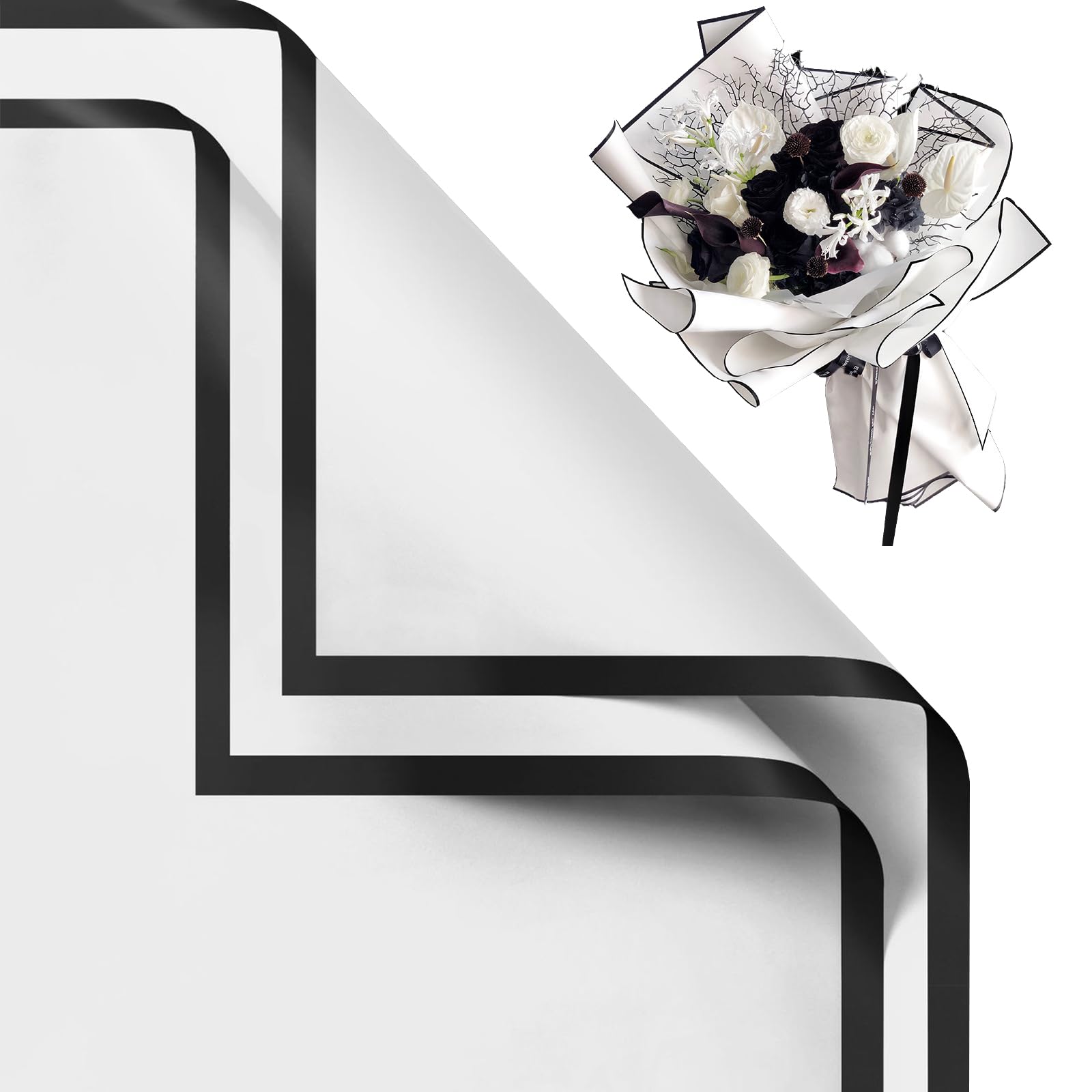 Gloreyan 20 Sheets White Flower Wrapping Paper with Black Edge,Waterproof Fresh Flower Packing Material Florist Bouquet Supplies DIY Craft Gift