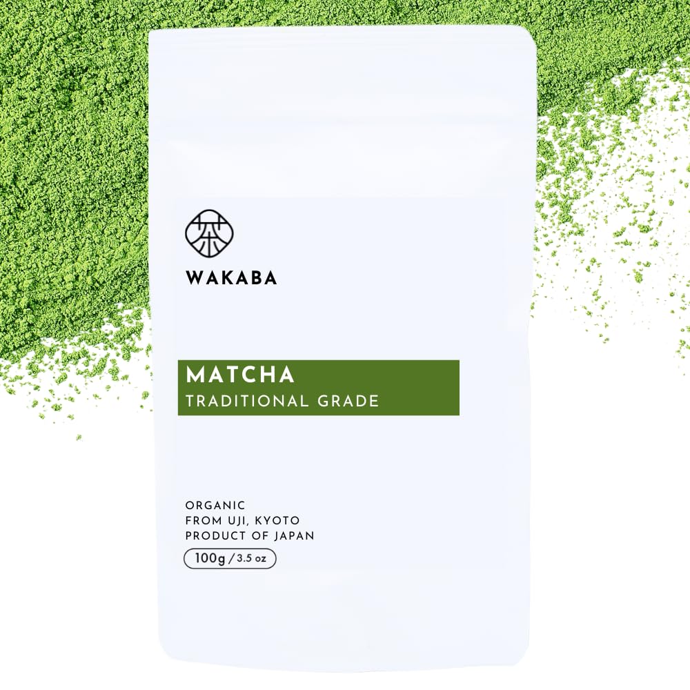 WAKABA Premium Organic Matcha – Traditional Grade 100g from Uji, Kyoto, Japan | JAS/USDA Certified | For Lattes, Baking, Smoothies | Cafe Package