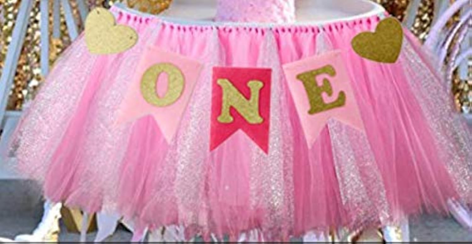 1st Birthday Girl Baby Tutu for High Chair Decoration and "ONE" Pennant Happy Birthday for Highchair