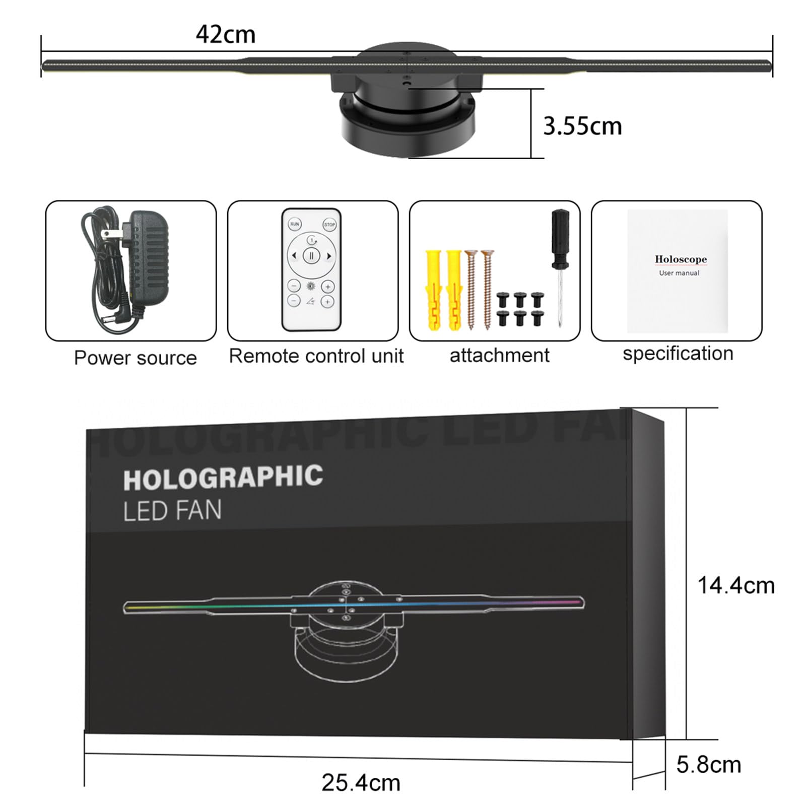 Wentylator holograficzny LED 3D (efekt bez okularów) z Bluetooth i aplikacją – wyświetlacz 1010RGB HD (352 diody LED) do sklepów i punktów handlowych