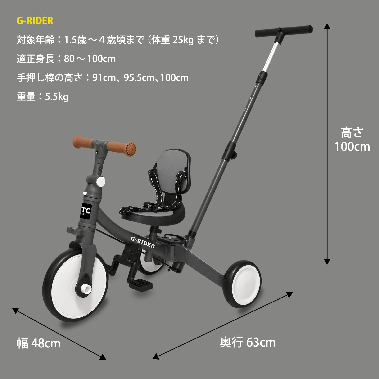 Amazon.co.jp: JTC BABY G-RIDER 手押し棒付き 3in1 三輪車 キック