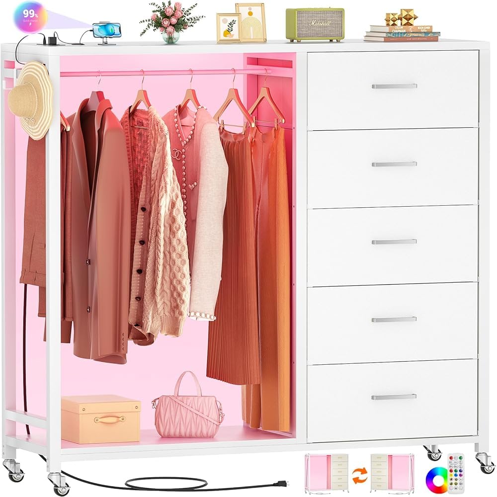 iSunirm 2 in 1 Chest of Drawers, Dresser for Bedroom,5 Fabric Drawers Dresser with Charging Station,Open Wardrobe with Clothes Rack,Simple White — image 1