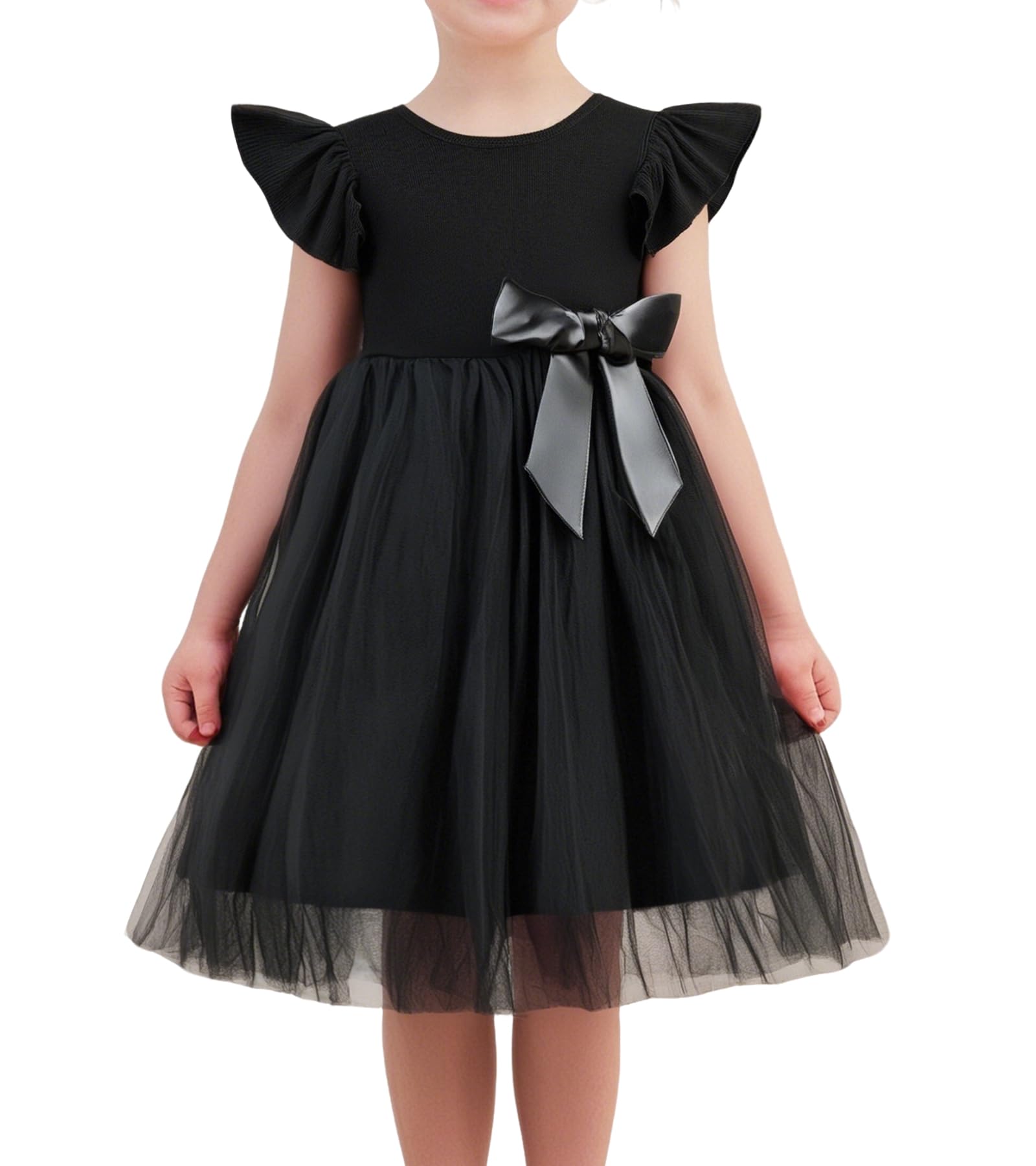 – Girls Tulle Dress Toddler Ruffle Sleeves Bow Princess Party Casual Tutu Dresses