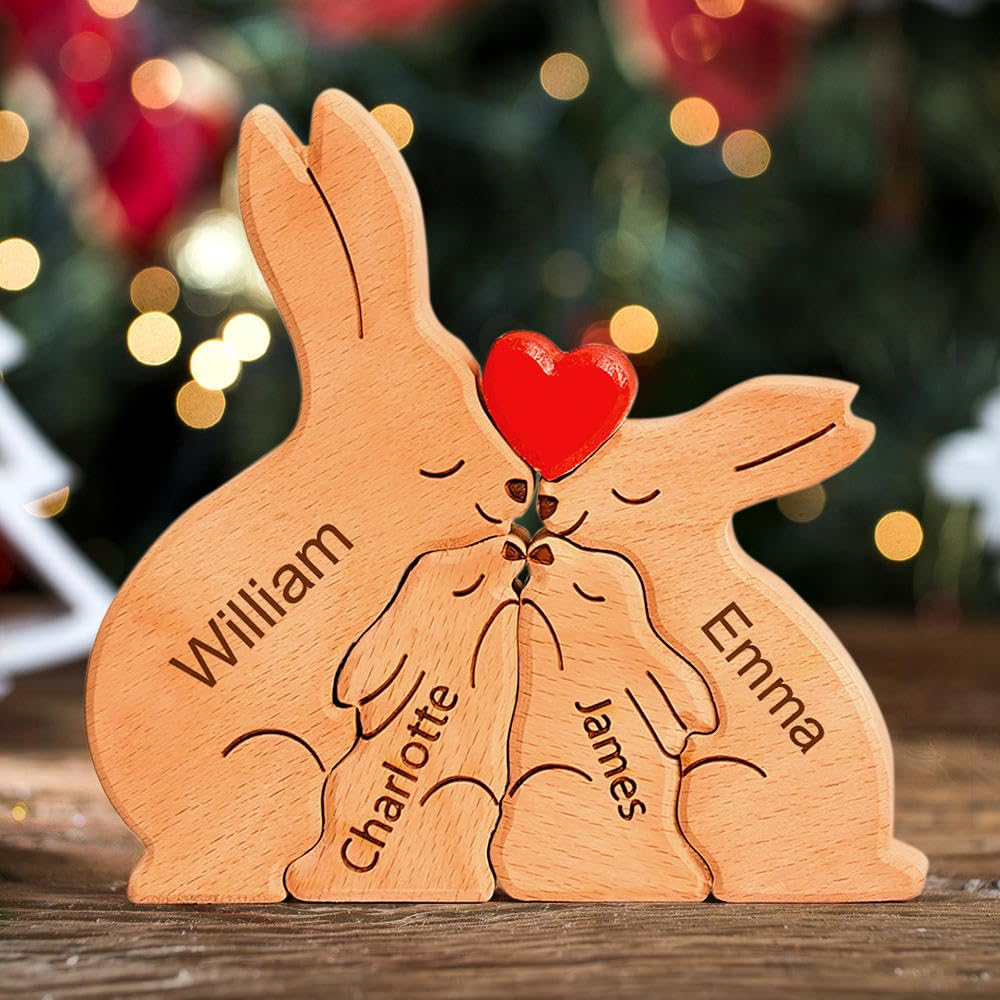 Personalized Wooden Bunny Puzzle with 2-8 Family Name, We are One, Custom Family Name Sculpture, Gift for Mother‘s Day, Christmas, Birthdays, House Warming, Unique Wooden Decor Gift for Mum Dad — image 1