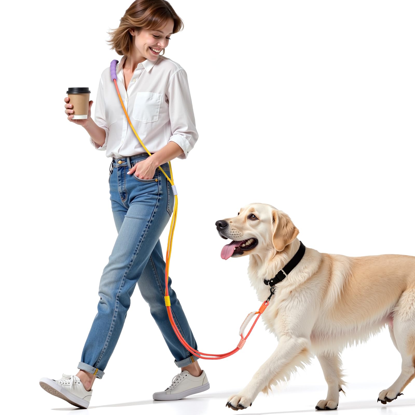 Correa manos libres para perro, mango suave, con 2 asas acolchadas para tráfico, entrenamiento de perros de raza mediana y pequeña, clip de metal giratorio para caminar, trotar y correr a tu perro