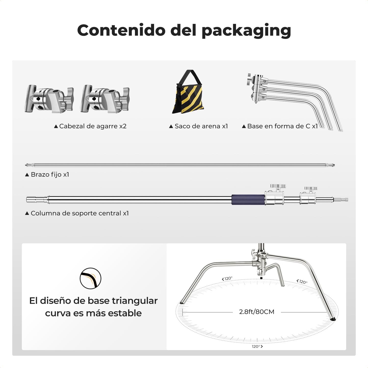 K&F CONCEPT Soporte C 330cm Acero Inoxidable para Estudio | Brazo de pluma ajustable, 2 cabezales mango, carga 20kg, trípode luz fotografía, con sandbag, TL05