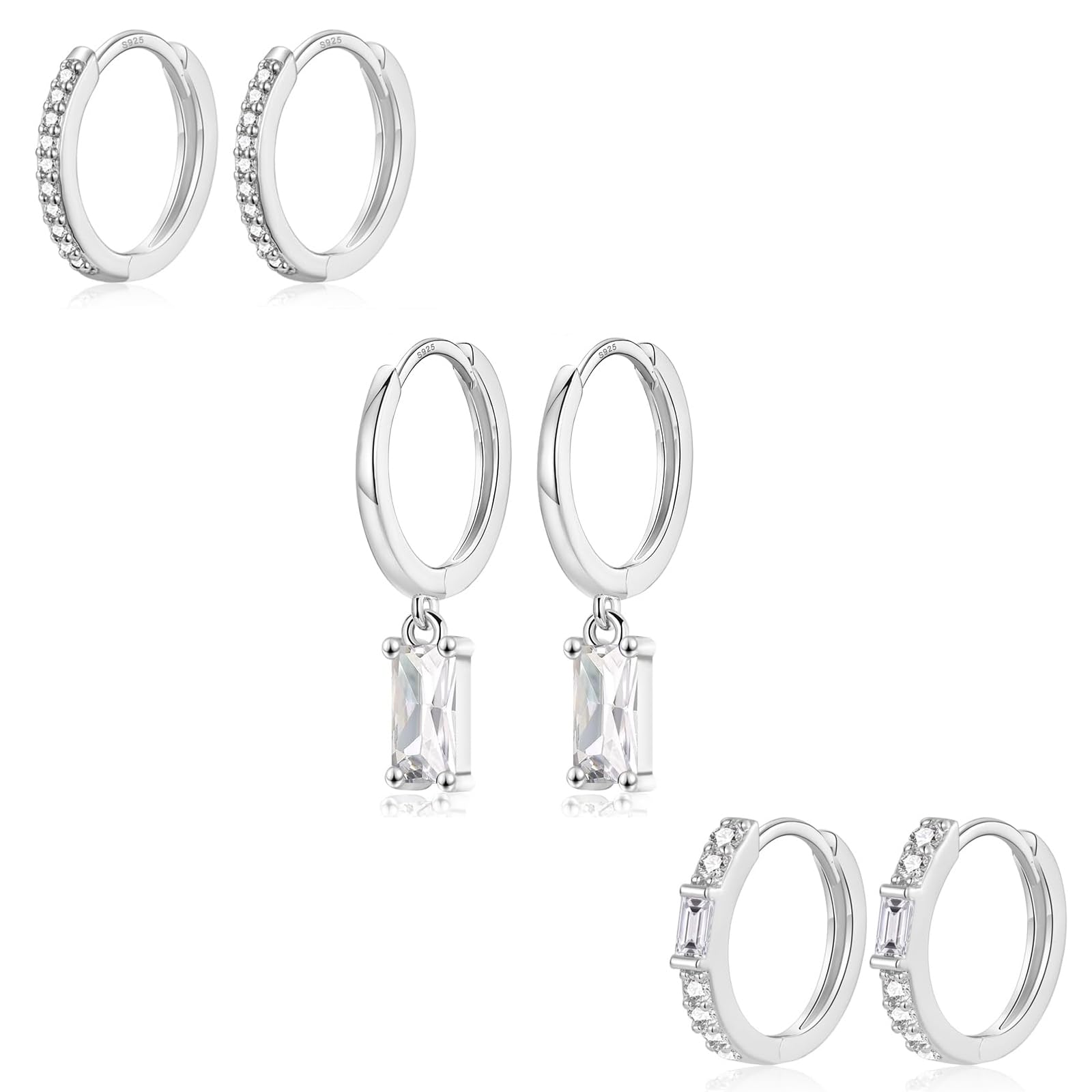 Sterling Silver Hoop Earrings for Women, 3 Pairs Small Silver Gold Huggie Hoop Earrings Set | Hypoallergenic Cubic Zirconia Drop Dangle Cartilage Earrings Fashion Jewellery Girls Gifts