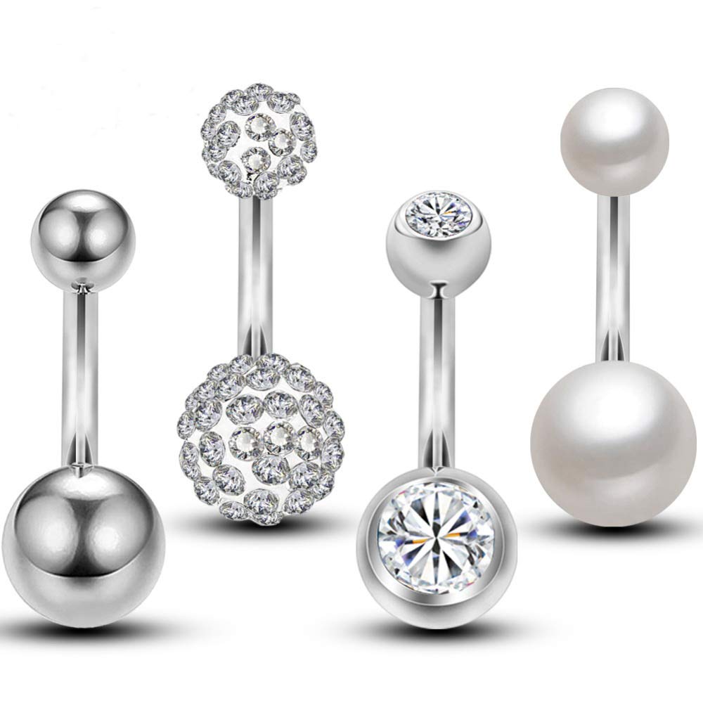 Bkemkri 4 Piezas 14G Piercing Ombligo Acero Quirúrgico para Mujer Forma de Barra Curvada y Circonita Cúbica Perla Ombligo Piercing Plata Joyería para Mujeres Hombres, Perlas Sintéticas, Banana