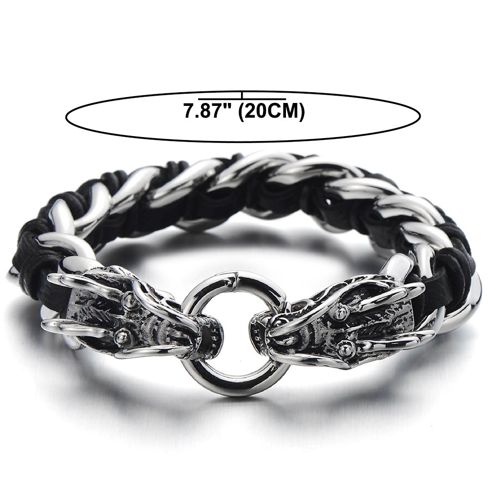 COOLSTEELANDBEYOND Diseño Trenzado, Brazalete del Dragón, Pulsera de Hombre, Cadena Barbada, Acero, Tiras Cuero Mixtos, Cuero Genuino Negro
