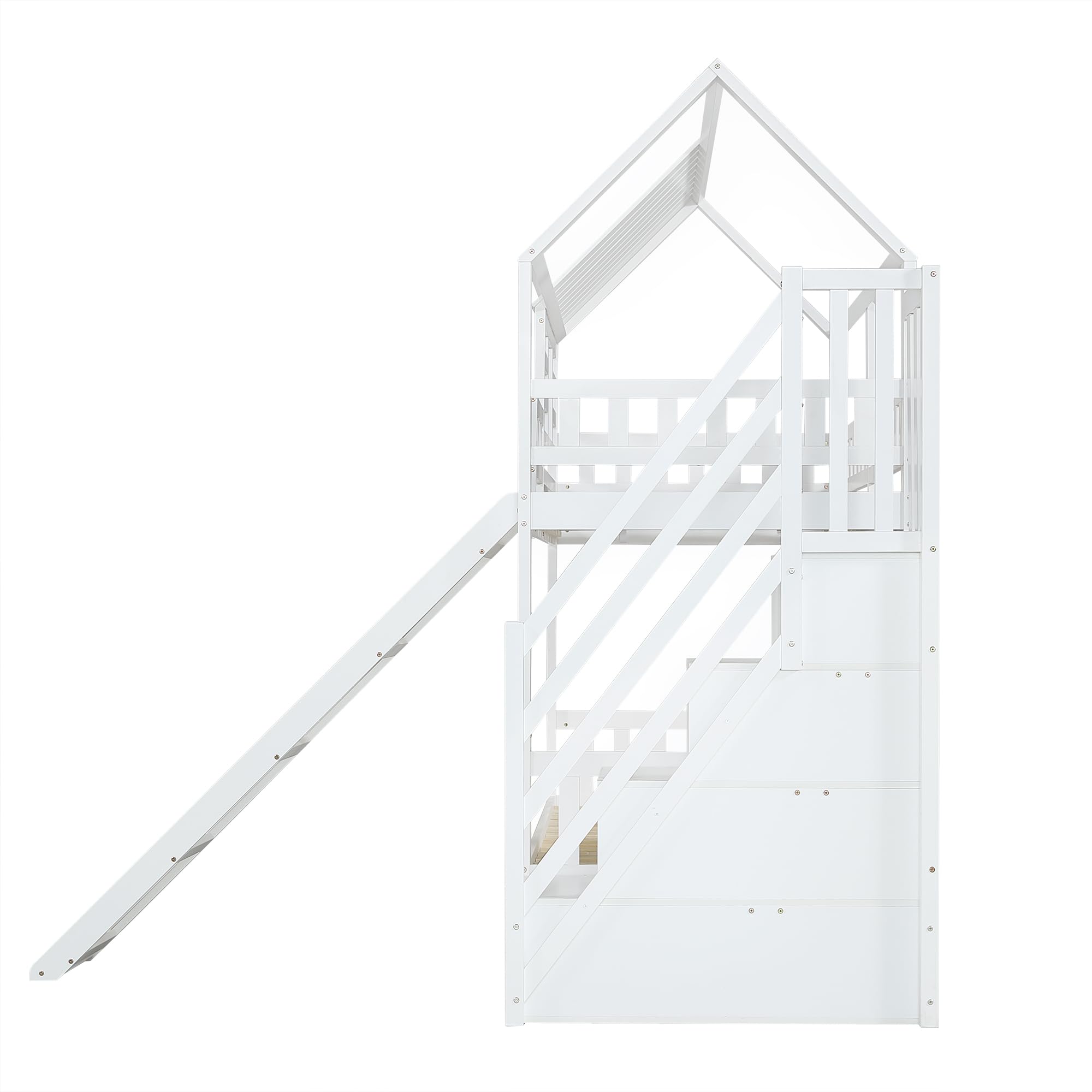 Letto a castello con scala e scivolo, letto a casa, scala con vano portaoggetti, telaio in legno di pino e MDF, letto per bambini con finestra e tetto, con griglia anticaduta e cassetto