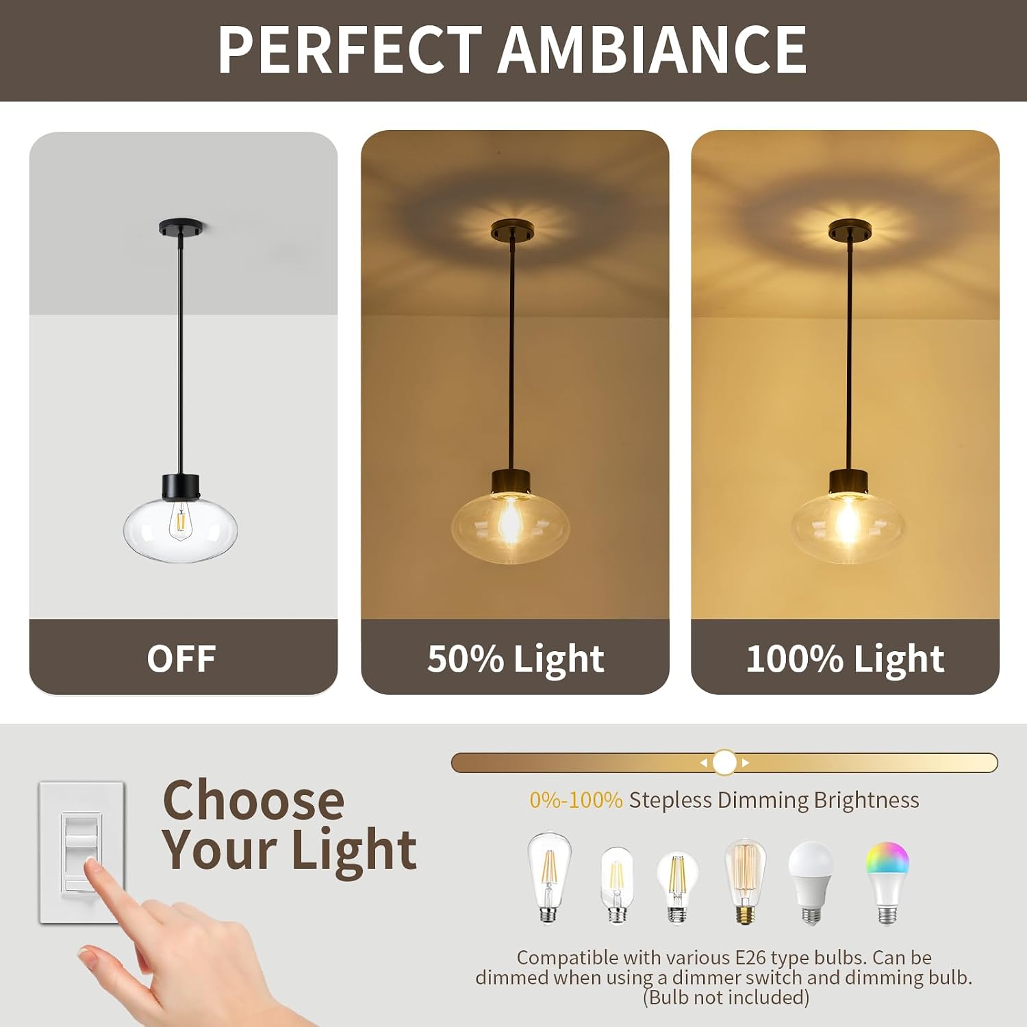 Large Globe Glass Pendant Lights, 12" Modern Black Pendant Lights Kitchen Island with Clear Glass and Rods, Farmhouse Hanging Lighting for Kitchen Dining Room Entryway, OS-JJ1513-1PLBK