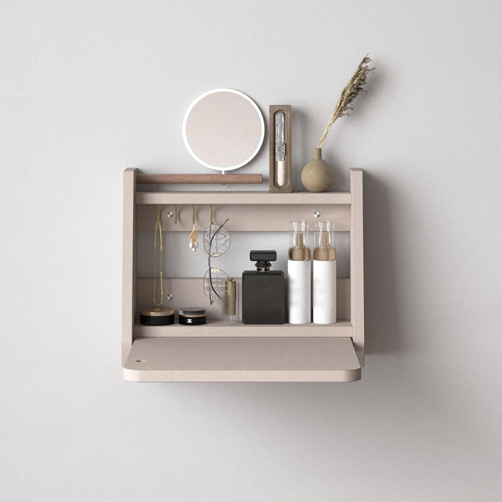 asdchZen Wall-Mounted Makeup Vanity Table With Mirror, Stylish Wood Dressing Table For Bedroom & Living Room, Compact Makeup Station Set For Women & Girls, Space-Saving Beauty Org,Grey-40x30x37cm