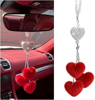 Bling Heart Car Mirror Hanging Accessories, Crystal Rhinestone Love Rear View Mirror Charm with Plush Heart, Sparkly Auto Interior Rearview Ornament for Women Girls, Universal Fit (Red)