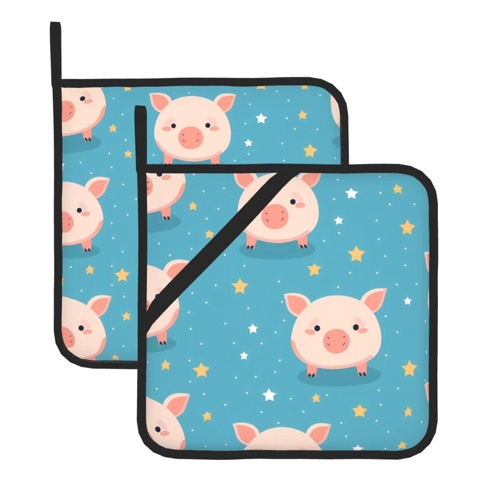 HJFCZH Animal Pig Printed Square Insulated Pot Mat Set (2-Piece) 8x8in Waterproof, Thickened & Easy to Clean with Lanyard Design for Kitchen, Oven & BBQ