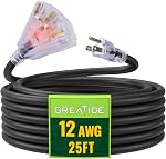 10 Ft Lighted Outdoor Extension Cord with 3 Electrical Power Outlets - 12/3 SJTW Heavy Duty Black Extension Cable with 3 Prong Grounded Plug for Safety, UL Listed