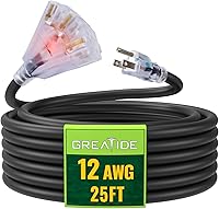 Vista 12 de Cable de extensión iluminado para exteriores de 6 pies con 3 tomas de corriente eléctrica - Cable de extensión negro resistente SJTW 12/3
