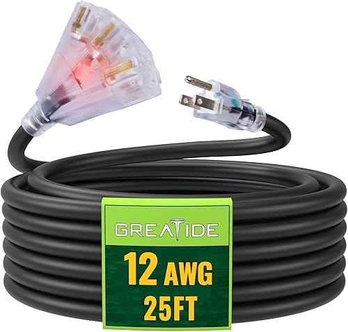 Miniatura 21 de Cable de extensión iluminado para exteriores de 25 pies con 3 tomas de corriente eléctrica, cable de extensión amarillo resistente SJTW 12/3
