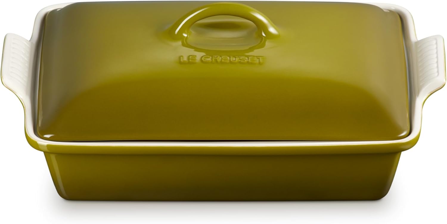 Le Creuset Olive Branch Collection Stoneware Heritage Covered Rectangular Casserole, 4 qt., Marseille with Embossed Lid - Thumbnail 3