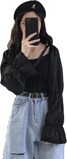 Amazon Ellte黒カットソー レディース 春 秋 無地 カットソー トップス フェミニン シフォンシャツ レディース 夏服 長袖 ショート丈 着やせ 可愛いブラック Tシャツ カットソー 通販