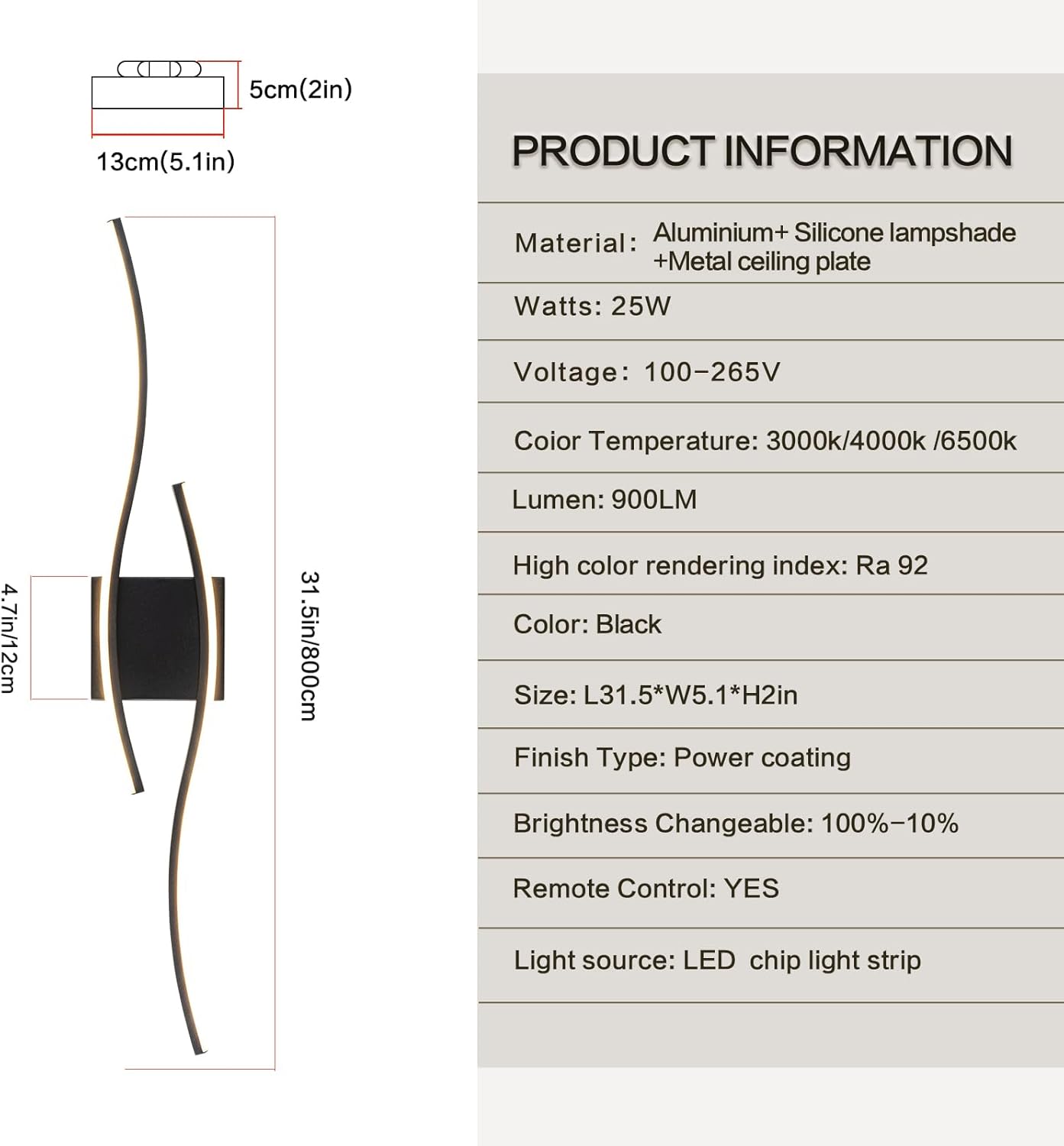 Modern Wall Scones Lighting 31.5inch LED Dimmable Bedroom Wall Sconces with Remote Black Bathroom Vanity Lights Fixture for Living Room Hallway