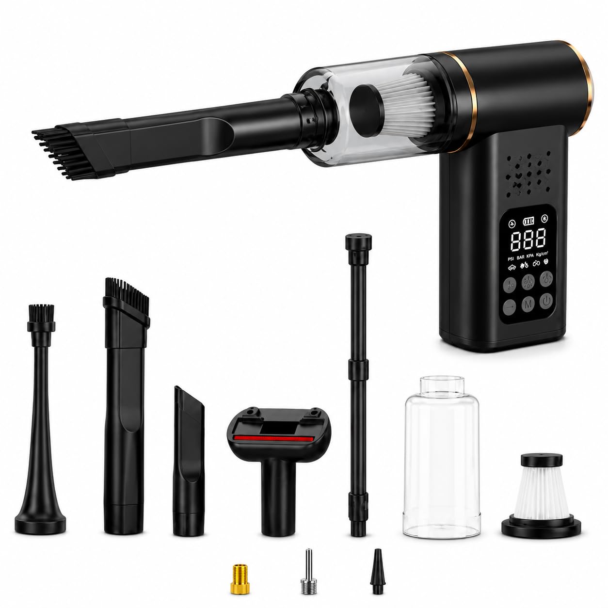 5-in-1 Portable Tyre Inflator, 150PSI Air Pump & Car Vacuum Cleaner (Black), Portable Vacuum with Powerful Suction, LCD Display, Air Blower, LED Torch, Pet Hair Tool, Type-C Rechargeable-image-22