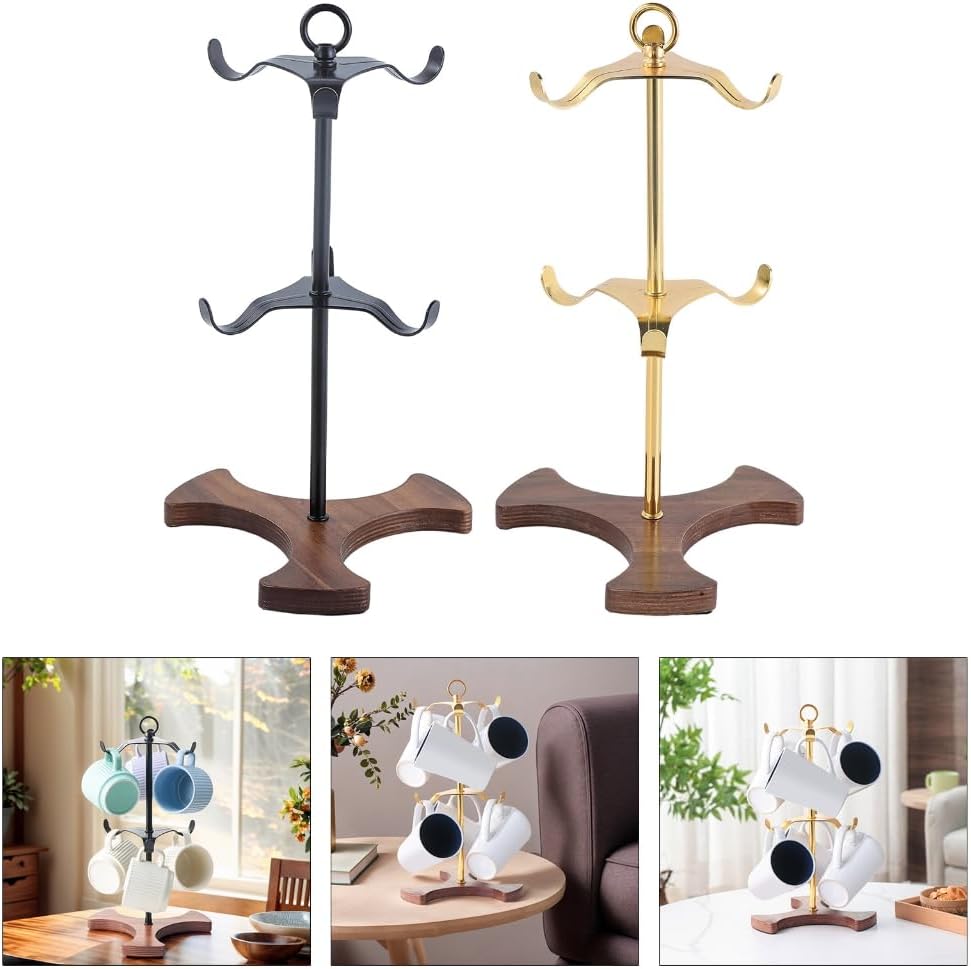 Space Saving Coffee Cup Tree For Countertops Nonslip Wooden Base Mug Storage with 6 Hangers For Parties