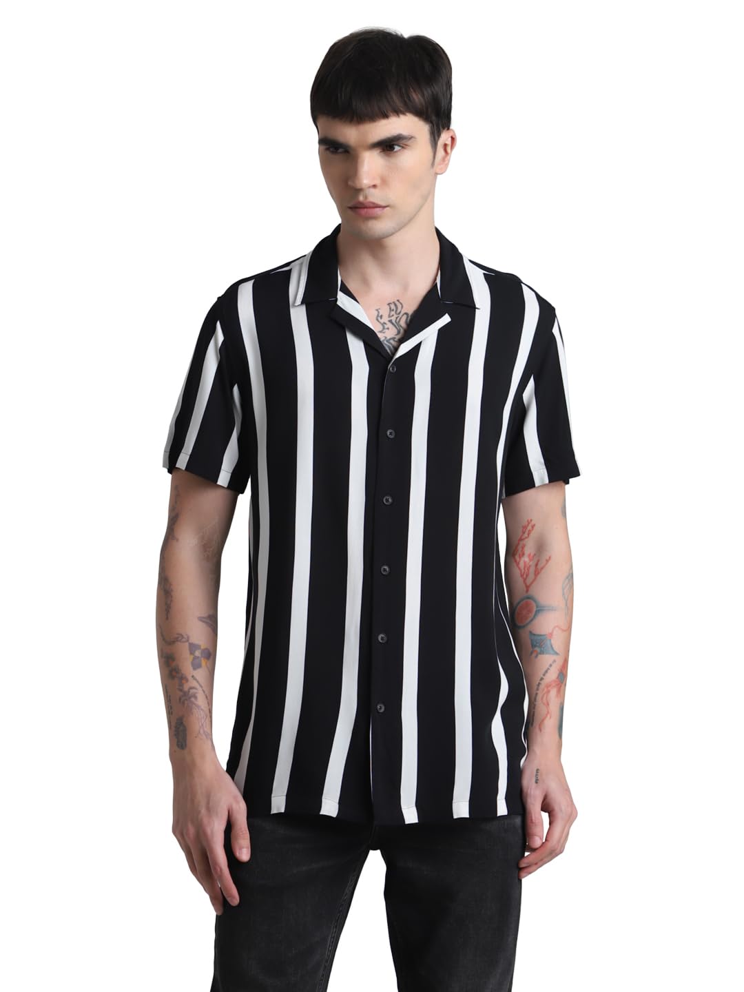 JACK & JONES Men's Jjjeff Resort Stripe Shirt SS Relaxed Shirt, Black, L