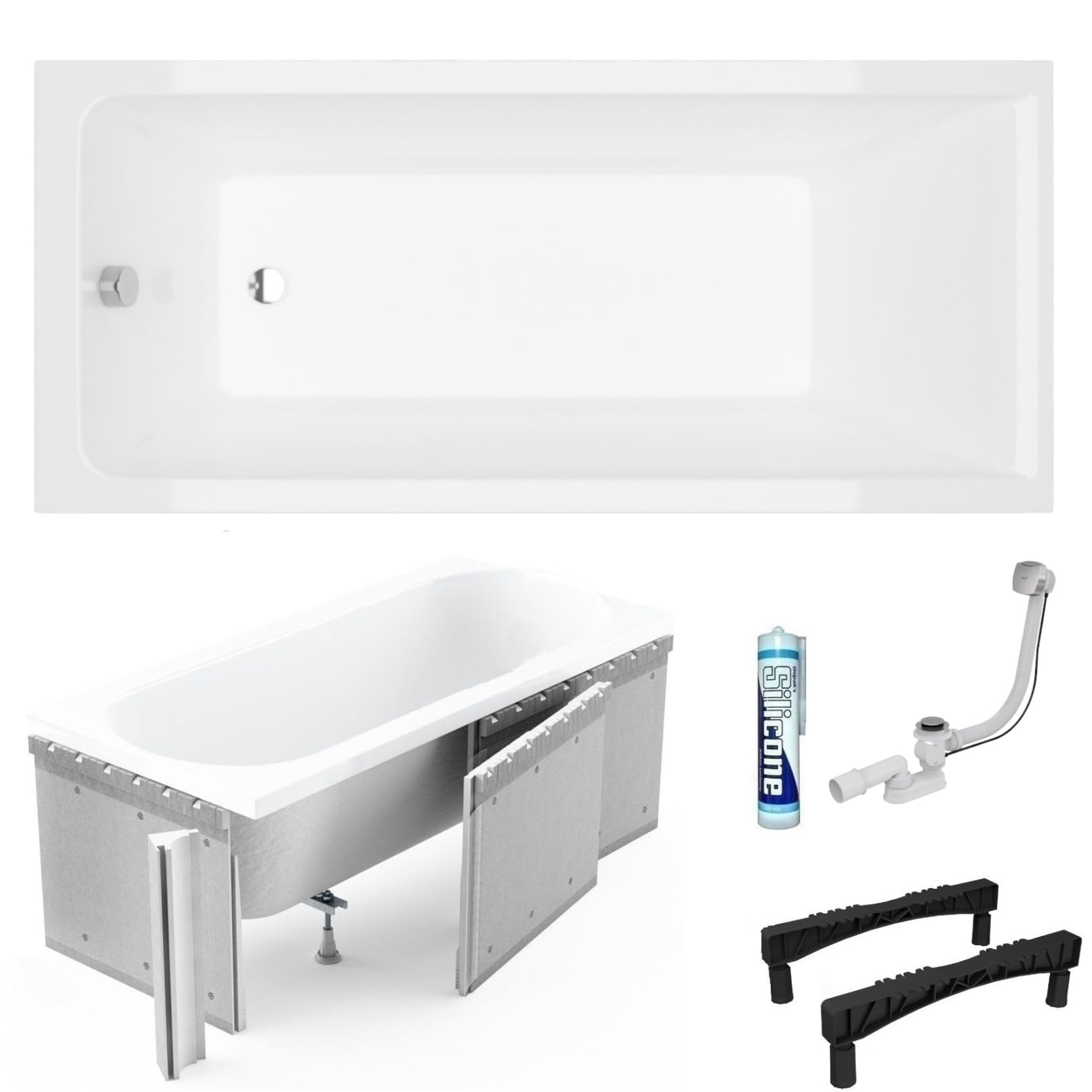 Wanna ECOLAM Savia 160x70 cm + wyściółka styropianowa pod płytki | Nowoczesna wanna prostokątna, najwyższej jakości wanna akrylowa | Kompletny zestaw z odpływem, nóżkami i silikonową obudową