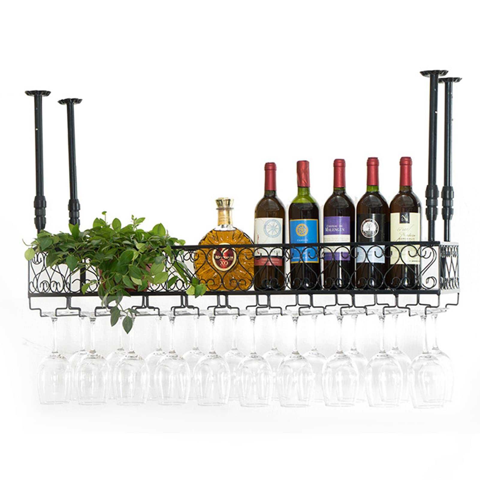 Porte-bouteilles de plafond industriel noir réglable pour bar et cuisine