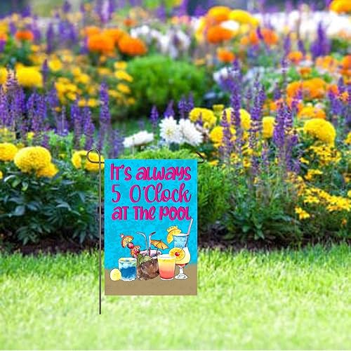 Miniatura 9 de Bandera de jardín de piscina de verano de 12 x 18 pulgadas, doble cara con texto en inglés "It's Always 5 O'clock at The Pool", banderas decorativas