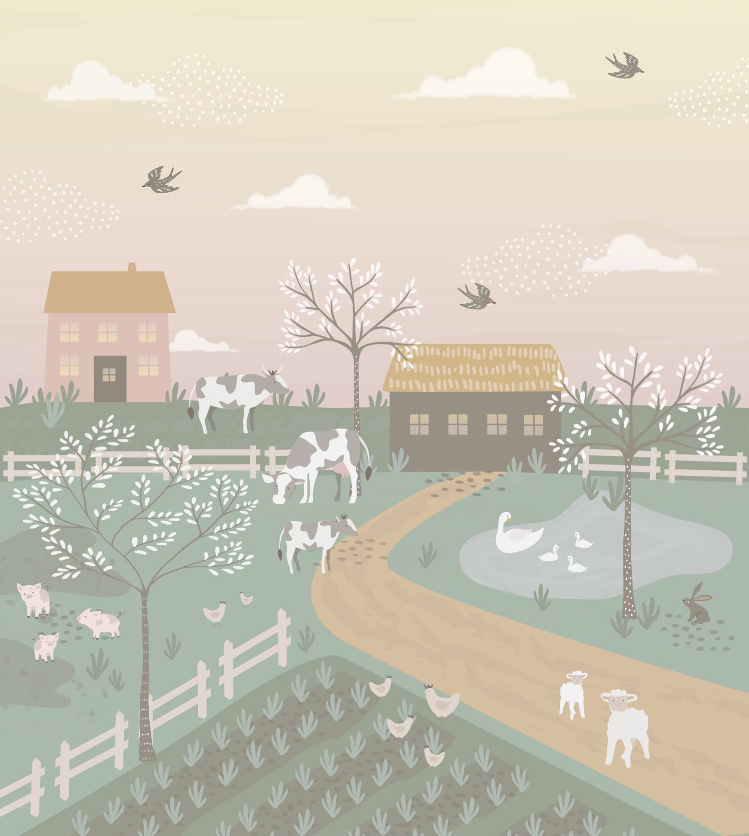 Papier peint panoramique les animaux de la ferme vert et rose grand format 250x279 cm ESTAhome