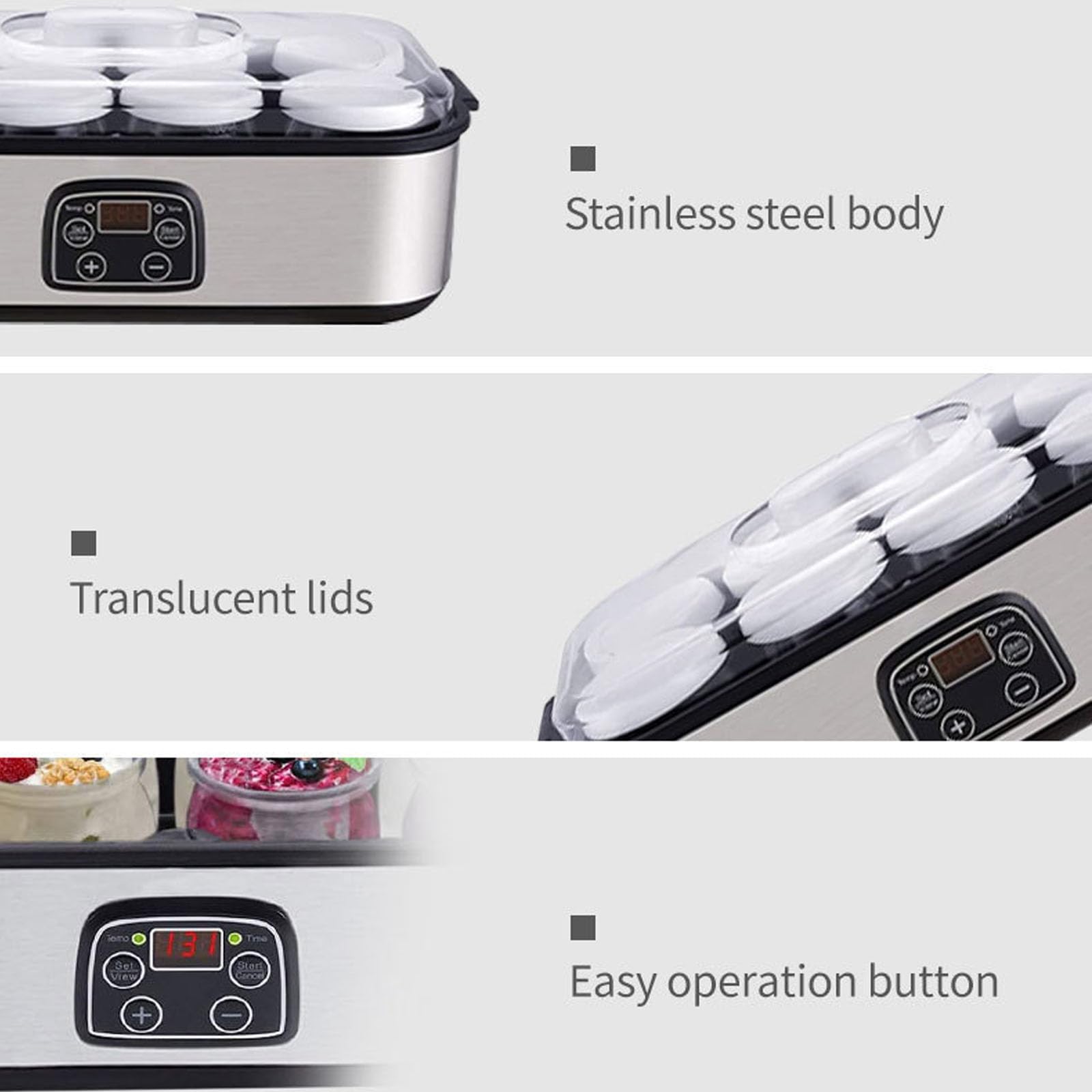 Automat do jogurtu 1400 ml z 8 słoikami 175 ml, automatyczna maszyna do jogurtu, z wyświetlaczem LED i timerem, 48 godzin pracy, do jogurtu domowej roboty, domowy sposób na zdrowie Prezenty