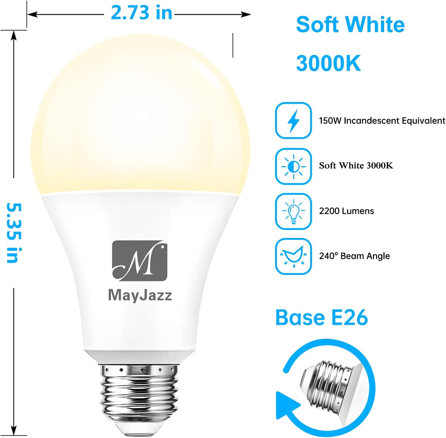M MayJazz A21 LED Light Bulbs, 150 Watt Equivalent LED Bulbs, 2200LM Super Bright Light Bulb, 3000K Warm White, Non-Dimmable, E26 Medium Screw Base (4 Pack)