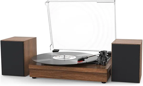 WOCKODER Record Player with Speakers, 3-Speed Vinyl Record Player with Dual Stereo Speakers Support Wireless Connection RCA Output Aux in USB Vintage Design Turntable Redbrown, R612
