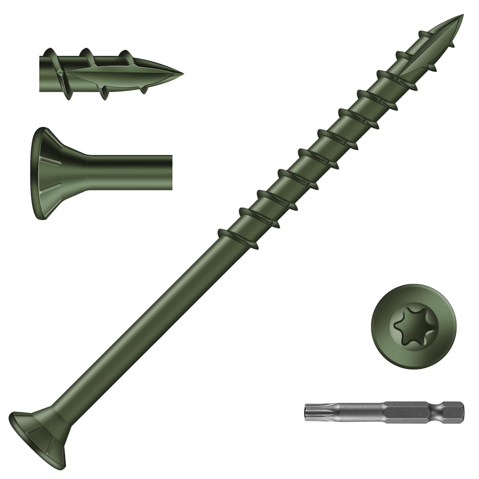 Zynthor 50Pcs 4.8 x 125mm Decking Screws, Green Wood Screws, Flat Head Deck Screw, Torx Drive Screw for Wood Timber, T25 Star Bit Included