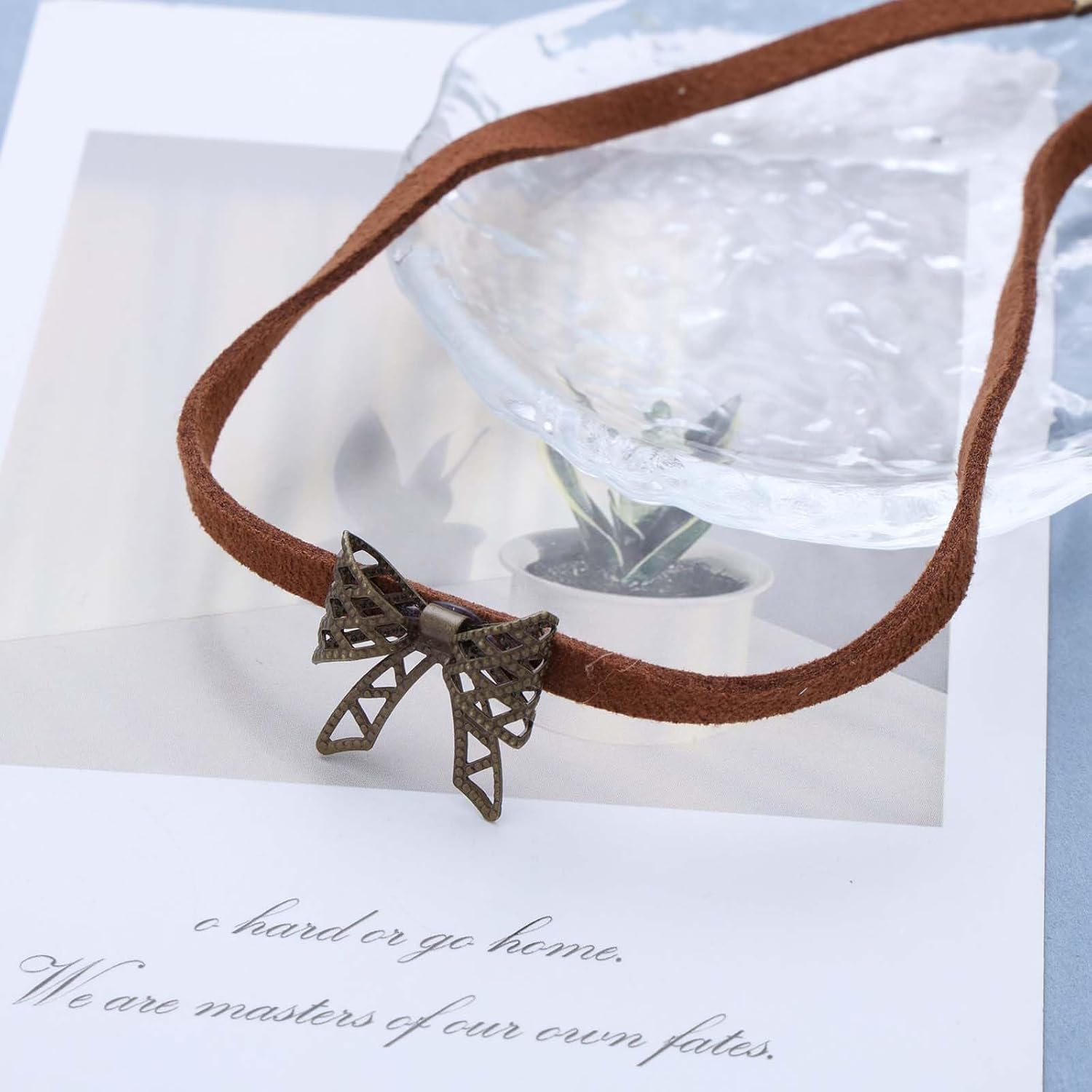Vintage Brown Velvet Choker Necklace Metal Bow Pendant Necklace Bowknot Choker Necklace Short Brown Leather Necklace Boho Suede Clavicle Necklace Jewelry for Women - Image 4