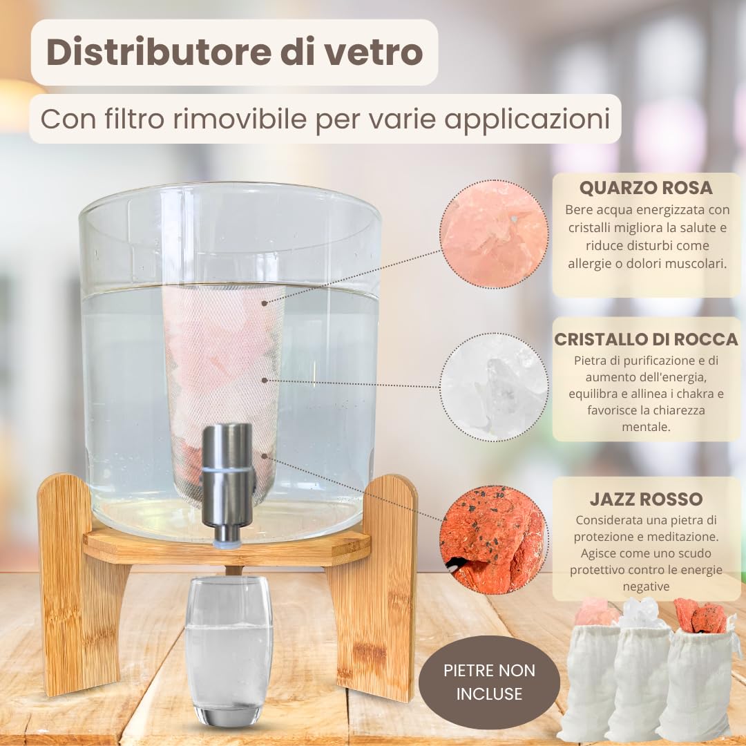 Dispenser di bevande in vetro con rubinetto, pietre terapeutiche, coperchio e supporto in legno di bambù, incluso filtro per miscelazione interna, 5 litri