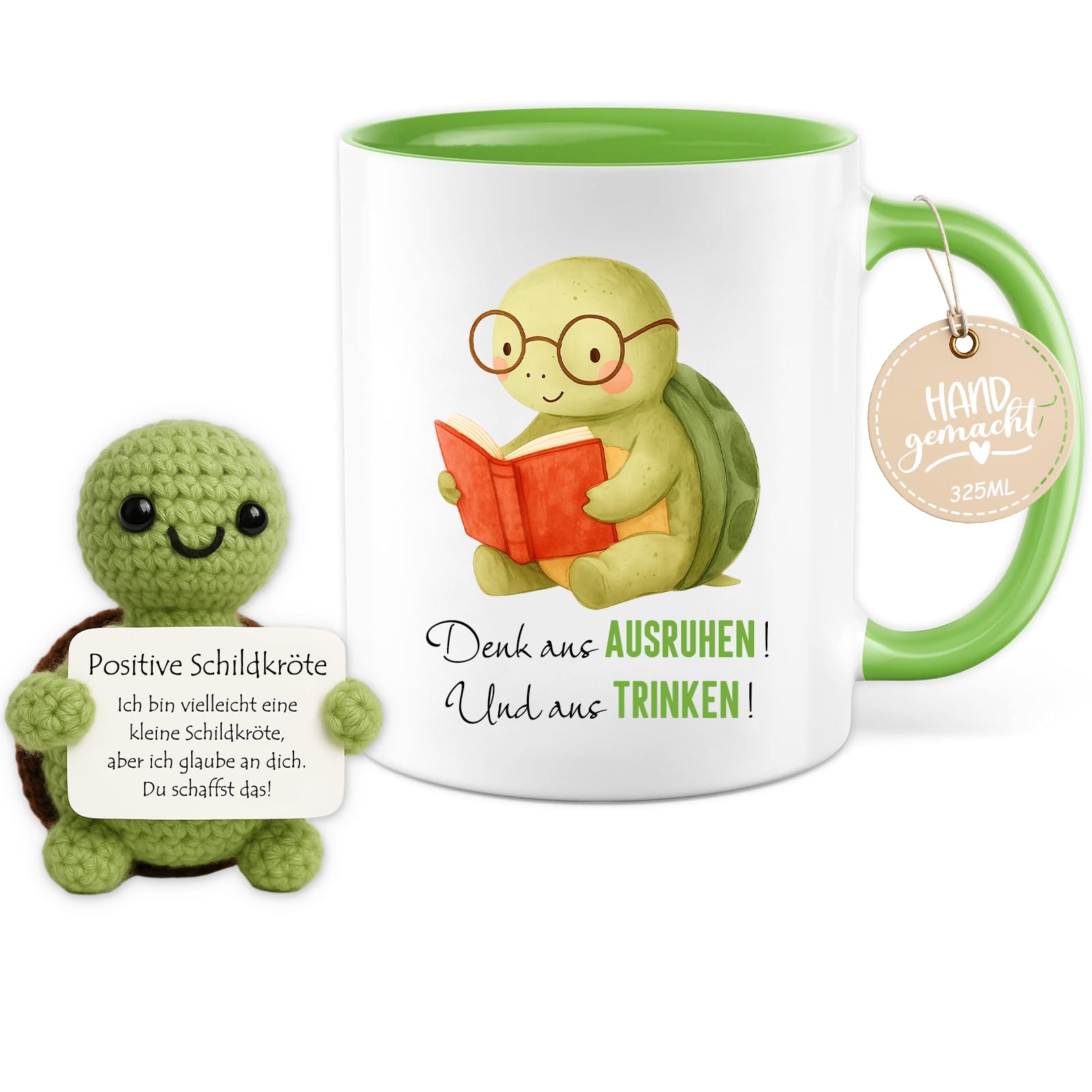 Farbeele Geschenk für Frauen, Männer & Kinder, 325ml Tasse mit Strickpuppe Glücksbringer, Geburtstag, Weihnachten, Gute Besserung, Prüfungsgeschenk, Abschiedsgeschenk
