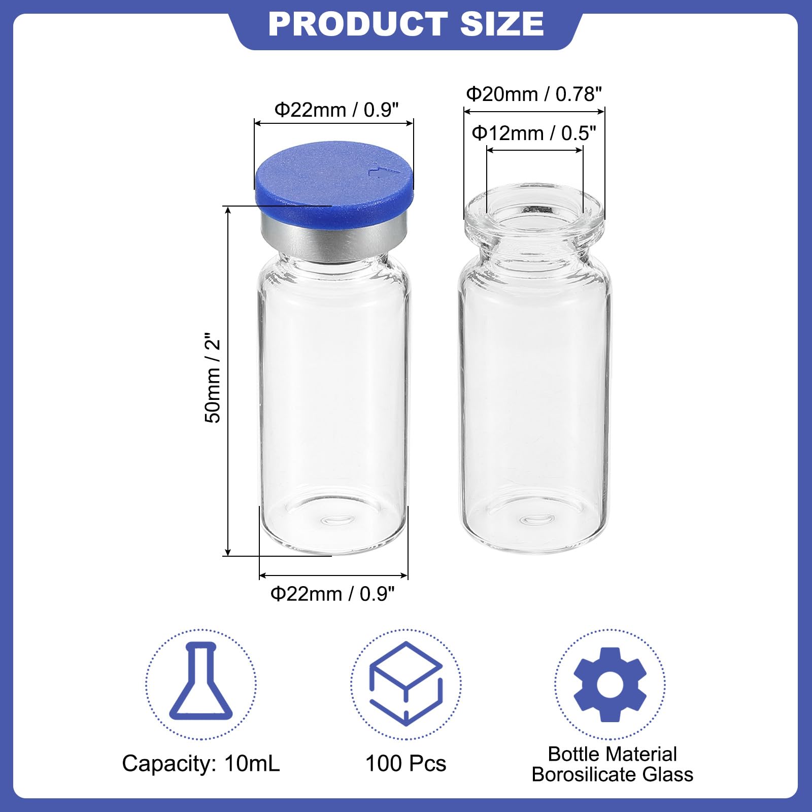 PATIKIL 10 ml Probenfläschchen, 100er-Packung leere Laborfläschchen mit Butylkautschukstopfen, Bördelkappen und Etiketten, Fläschchen aus Borosilikatglas, klar