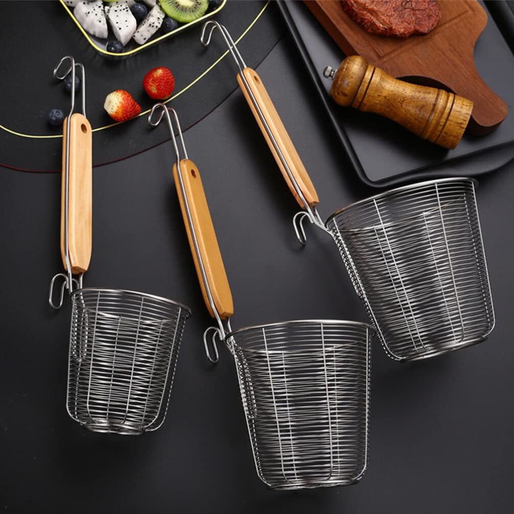 Colador de araña de Malla de Acero Inoxidable con Mango de Madera, Espumadera de Fideos para Pasta de Cocina y colador Fino para cocinar en casa