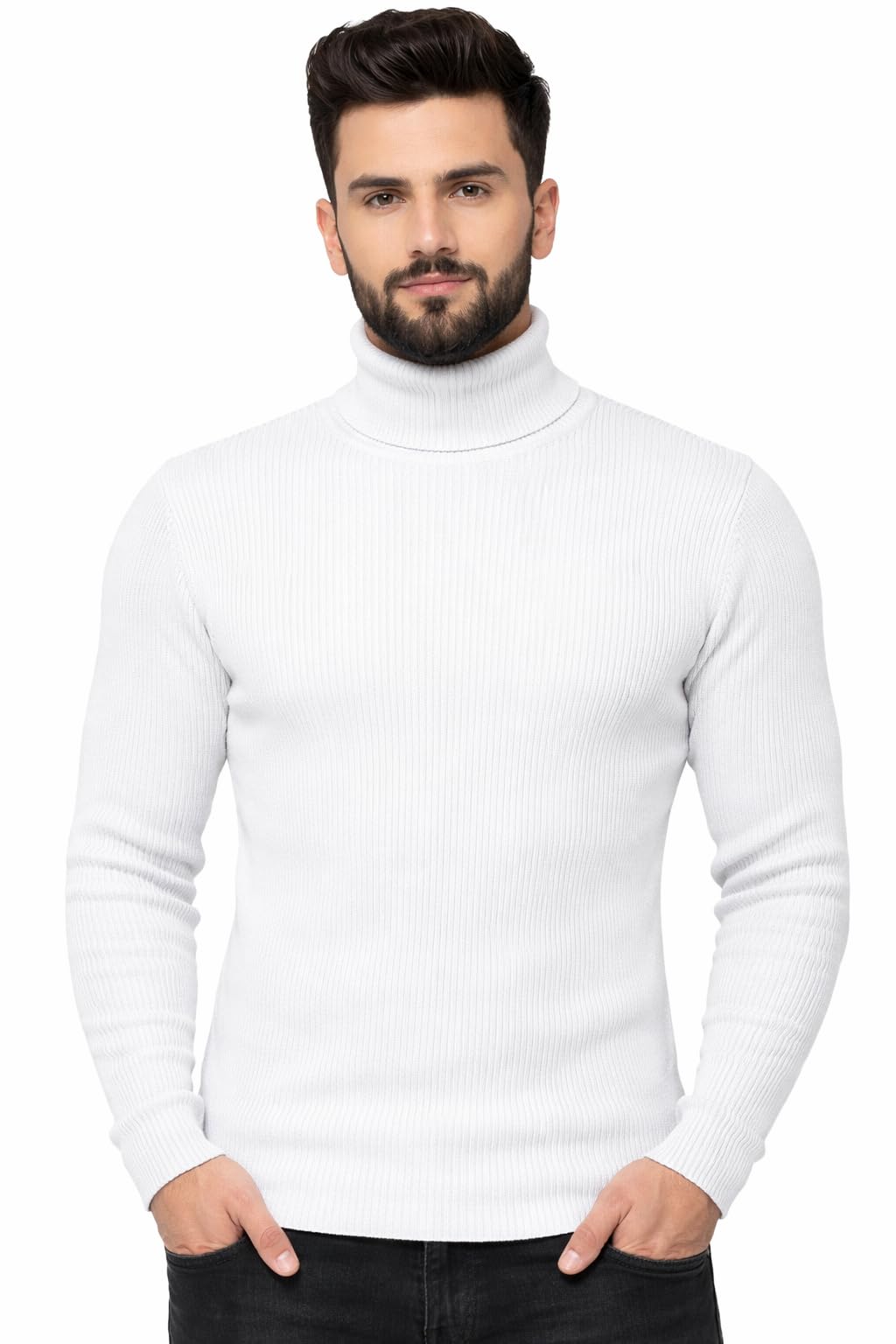 Solid Full Sleeves Highneck Sweater for Men Casual Pullover Turtle Neck White T-Shirt-image-25