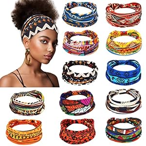 Censen 12 Pcs African Headbands for Women – Chiffon Knotted Assorted Bandeau Headbands Wide Yoga Elastic Hair Wraps – Hair Accessories for Girls Lady Running (Vivid)