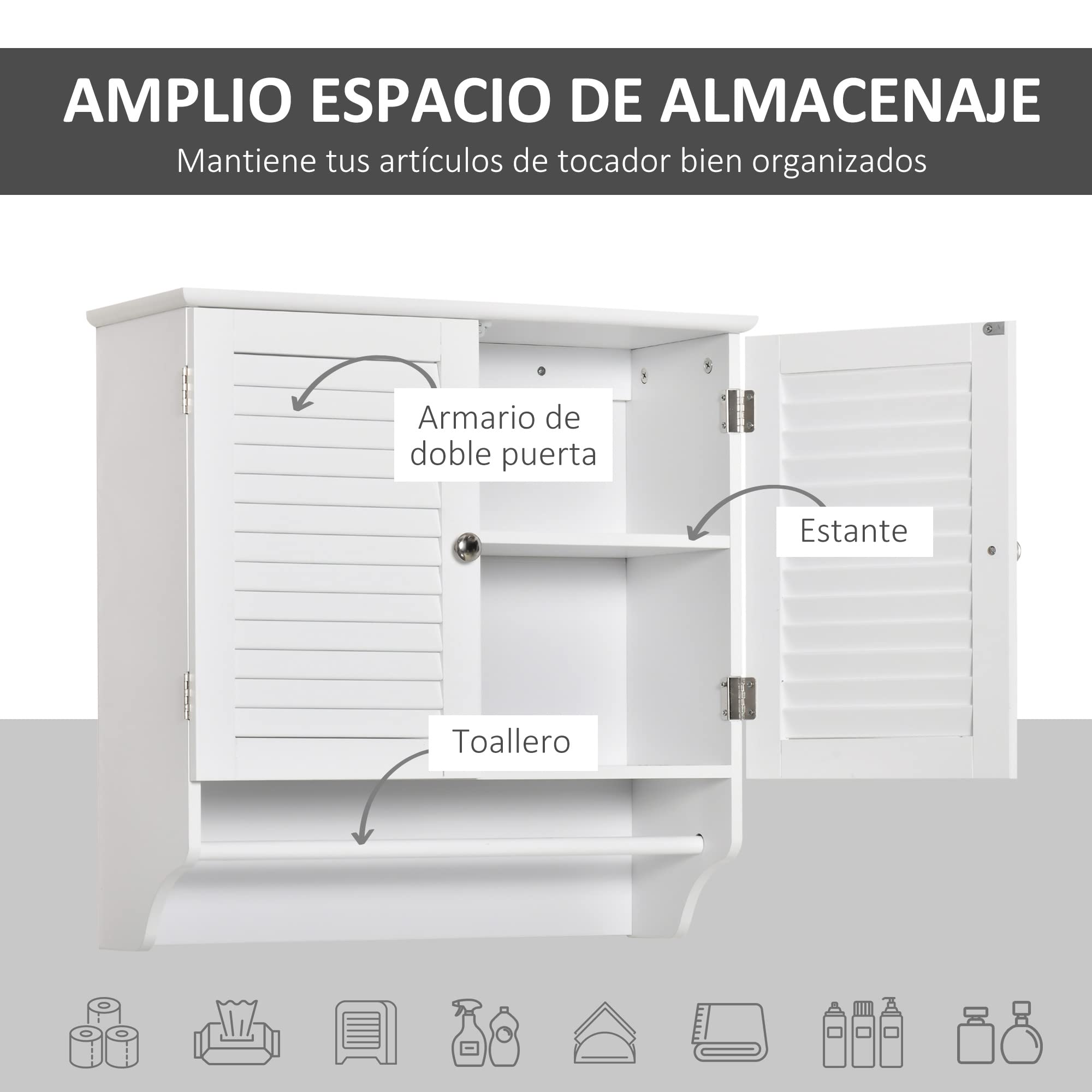 kleankin Armario Baño de Pared 2 Puertas de Persiana 60x23x60 cm Blanco | Estante Interior, Barra de Toallero, Mueble Auxiliar Suspendido, Moderno, Multiusos para Cocina