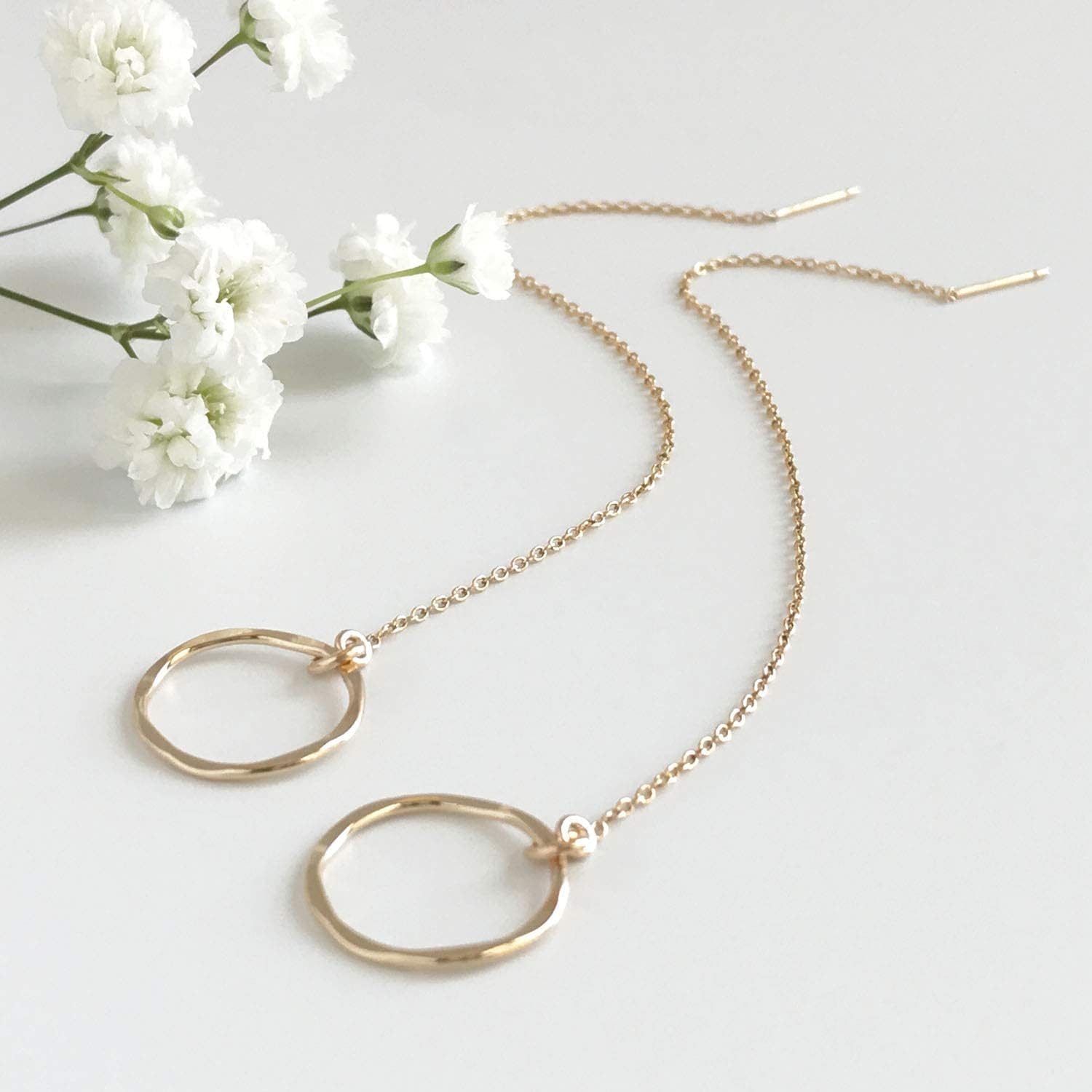 Long Chain Earrings - Threader Earrings for Women - Double Piercing Earrings - Hammered Circle