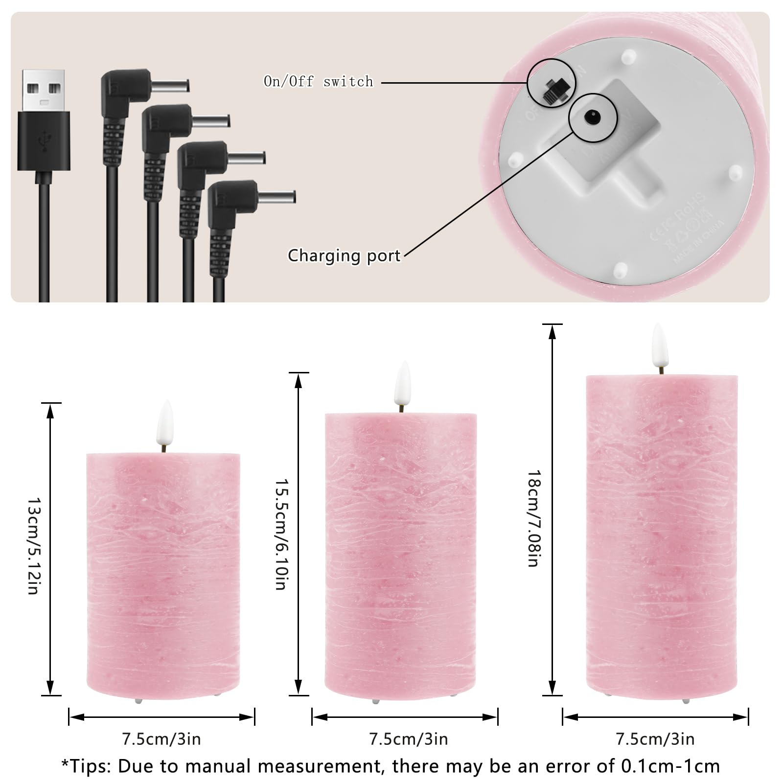 Velas LED Recargables 3 Piezas, Cera Real, Efecto Llama 3D, Rose
